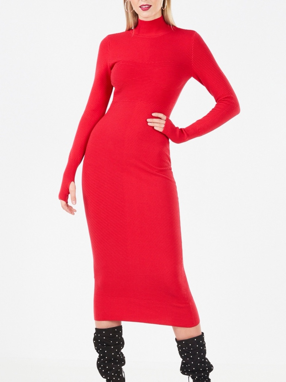 BCBGMaxAzria Red Avena Open-Back Midi Bodycon Long sleeve Dress